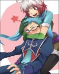  1girl blue_eyes blue_hair glasses gradient_hair hubert_ozwell hug hug_from_behind multicolored_hair pascal red_eyes red_hair redhead scarf tales_of_(series) tales_of_graces two-tone_hair white_hair you_(kimito) 