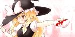  blonde_hair blush braid chocolate embarrassed gift giving hat hat_tug heart holding holding_gift kirisame_marisa long_hair outstretched_arm ribbon touhou valentine witch_hat yellow_eyes 