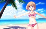  bikini blonde_hair blush breasts brown_hair cleavage cloud floral_print frilled_bikini frills happy navel open_mouth original outdoors outstretched_arms palm_tree purple_eyes shadow short_hair side-tie_bikini sky smile solo spread_arms swimsuit tree violet_eyes wallpaper water yamakaze yamakaze_ran 