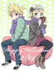  blonde_hair bonnet boots brother_and_sister casual chocolate dksha19 gift headphones heart jacket kagamine_len kagamine_rin kase_daiki pantyhose scarf shared_scarf shoes short_hair siblings smile sneakers striped striped_scarf twins valentine vocaloid 