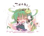  chibi closed_eyes frog green_hair hair_ornament kochiya_sanae snake solo touhou usoneko 