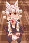  between_legs blush chocolate detached_sleeves fangs from_above hat holding holding_gift incoming_gift inubashiri_momiji kneeling kuromiya open_mouth red_eyes short_hair silver_hair sitting tail tail_between_legs thigh-highs thighhighs tokin_hat touhou valentine wariza wolf_ears wolf_tail 