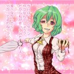  breasts bursting_breasts bust chocolate cleavage clenched_teeth closed_umbrella confession dress_shirt flower green_hair grin kazami_yuuka parasol petals pink_background plaid plaid_skirt plaid_vest pov red_eyes rose serafima shirt skirt skirt_set smile touhou translated umbrella you_gonna_get_raped 