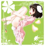  barefoot black_hair blush bunny_ears bunny_tail carrot chata inaba_tewi jewelry leg_hug necklace no_panties open_mouth pendant rabbit_ears red_eyes short_hair solo tail touhou 