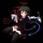  black_hair blush houjuu_nue ippongui latex panties pantyshot polearm red_eyes short_hair simple_background smile snake solo thighhighs touhou trident underwear upskirt weapon white_panties wings 