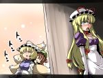  animal_ears blonde_hair blue_eyes blush blush_stickers breasts brown_hair chen cleavage commentary dress elbow_gloves gloves hair_ribbon hat highres long_hair massage multiple_tails open_mouth ribbon smile tail touhou tsuki_wani very_long_hair yakumo_ran yakumo_yukari 