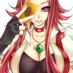  card choker cleavage empty_(pixiv1630270) fingerless_gloves gloves holding holding_card huge_breasts impossible_clothes impossible_shirt izayoi_aki jewelry long_hair necklace pink_eyes red_hair redhead shirt yu-gi-oh! yugioh_5d&#039;s yuu-gi-ou yuu-gi-ou_5d's yuzusei_(empty) 