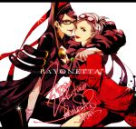  bayonetta_(character) black_hair candy eyeshadow glasses glasses_on_head hosoime jeanne_(bayonetta) lollipop long_hair short_hair yuri 