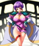  breasts cleavage elbow_gloves fingerless_gloves gloves hands_on_hips large_breasts legs li_meifon looking_at_viewer naughty_face nekomamire purple_hair short_hair shoulder_pads side_slit solo thigh_gap thigh_strap thighs 