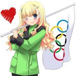  coat flag hair_ornament hairclip heart long_hair nakajima_yuka olympics white_flag wink 