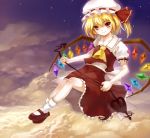  cloud flandre_scarlet flying hat laevatein light_smile mary_janes momoko_(momopoco) night night_sky ponytail red_eyes shoes short_hair side_ponytail sky solo touhou wings 