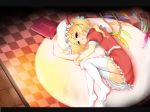  blonde_hair blush book checkered checkered_floor flandre_scarlet hat lying on_side pillow pillow_hug ponytail red_eyes short_hair side_ponytail thigh-highs thighhighs toichi touhou white_legwear white_thighhighs wings 