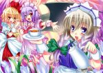  adapted_costume apron bat_wings blonde_hair blue_eyes bow braid brooch cup fang flandre_scarlet flower hair_bow hat holding_hands izayoi_sakuya jewelry maid maid_headdress no_hat no_headwear open_mouth outstretched_arm outstretched_hand ponytail purple_hair red_eyes redcomet remilia_scarlet short_hair siblings side_ponytail silver_hair sisters smile tea teacup teapot touhou twin_braids waist_apron wings wrist_cuffs 