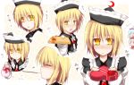  blonde_hair blue_hair blush brown_hair closed_eyes embarrassed expressions gift hat holding holding_gift incoming_gift kazetto lunasa_prismriver lyrica_prismriver merlin_prismriver pocky short_hair touhou translated tsundere valentine yellow_eyes 