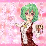  blush breasts bursting_breasts bust chocolate cleavage confession dress_shirt flower green_hair kazami_yuuka necktie petals pink_background plaid plaid_skirt plaid_vest pov red_eyes rose serafima shirt skirt skirt_set touhou translated 