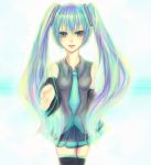  aqua_eyes aqua_hair hatsune_miku lips long_hair multicolored_hair necktie purple_hair skirt thigh-highs twintails very_long_hair vocaloid zettai_ryouiki 