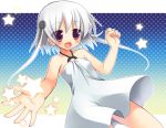  aries_(himawari) aries_(himawari_game) bare_shoulders blush dress fang flat_chest grey_hair hair_ornament hands himawari_(game) himawari_-pebble_in_the_sky- letterboxed loli long_hair o-ring_top open_mouth outstretched_arm outstretched_hand polka_dot polka_dot_background red_eyes sazaki_ichiri silver_hair smile solo standing star sundress twintails white_hair 