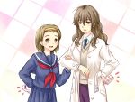  brown_eyes brown_hair edasaki_banri edasaki_kizuri gift kiyama_harumi labcoat long_hair multiple_girls piku school_uniform serafuku short_hair to_aru_kagaku_no_railgun to_aru_majutsu_no_index valentine 