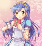  alice_(wonderland)_(cosplay) alice_in_wonderland blue_hair blush cosplay holding holding_gift idolmaster incoming_gift kisaragi_chihaya long_hair ryusei solo valentine yellow_eyes 