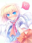  alice_margatroid ascot blonde_hair blue_eyes blush capelet frown gift hairband holding holding_gift incoming_gift looking_at_viewer no_nose short_hair solo touhou tsundere 