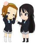  2girls 32r :&lt; akiyama_mio bad_id black_eyes black_hair blazer brown_hair bump chibi closed_eyes hairband head_bump k-on! long_hair lowres multiple_girls school_uniform short_hair socks tainaka_ritsu tears 