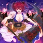  breasts cleavage dusk flower ghost hair_bobbles hair_ornament highres hitodama large_breasts last_c onozuka_komachi red_eyes red_hair redhead scythe short_hair solo spider_lily touhou twintails weapon 