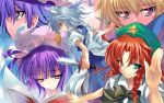  blue_eyes blue_hair book dual_wielding flandre_scarlet green_eyes hat hat_ribbon hong_meiling izayoi_sakuya knife patchouli_knowledge purple_eyes purple_hair red_eyes red_hair redcomet remilia_scarlet ribbon smirk touhou white_hair 