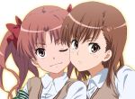  brown_hair cheek_to_cheek long_hair misaka_mikoto school_uniform shirai_kuroko short_hair sweater_vest to_aru_kagaku_no_railgun to_aru_majutsu_no_index tomomasa wink 