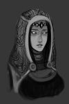  1girl alien breasts freckles highres hood large_breasts mass_effect monochrome solo source_request tali&#039;zorah_nar_rayya tali'zorah white_eyes 
