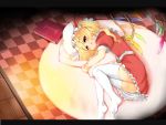  blush book checkered checkered_floor flandre_scarlet hat highres legs lying on_side pillow pillow_hug ponytail red_eyes short_hair side_ponytail thigh-highs thighhighs toichi touhou white_legwear white_thighhighs wings 