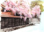  east_asian_architecture neon_(artist) original scenery spring spring_(season) stone street traditional_media tree wall watercolor_(medium) 