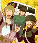  blonde_hair breasts brown_eyes brown_hair closed_eyes durarara!! harima_mika hat jacket kadota_kyouhei karisawa_erika large_breasts motor_vehicle star sudachips togusa_saburou van vehicle wink yumasaki_walker 