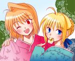  2girls arcueid_brunestud asuka_(aqua_space) blonde_hair blue_eyes crossover eating fate/stay_night fate_(series) japanese_clothes red_eyes saber short_hair tsukihime wink 
