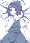  earrings hat jewelry long_sleeves monochrome musical_note mystia_lorelei ohigan open_mouth purple purple_eyes purple_hair short_hair simple_background singing solo touhou violet_eyes wings 