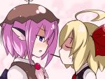  ahoge animal_ears blonde_hair blush close-up earlgrey hair_ribbon hat incipient_kiss multiple_girls mystia_lorelei pink_hair pocky pocky_kiss purple_eyes ribbon rumia shared_food short_hair touhou violet_eyes yuri 