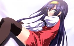  black_thighhighs blue_hair hairband himemiya_chikane kannazuki_no_miko legs long_hair solo thigh-highs zettai_ryouiki 