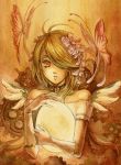  bare_shoulders butterfly egg elbow_gloves fantasy flower gloves green_hair hair_over_one_eye holding lowres mikikoto_hitsuji original sepia solo traditional_media wings 