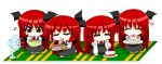  &gt;:) =_= ^_^ bat_wings blush bowl cake chibi closed_eyes cooking dress electric_fan eyebrows food fruit gloves happy head_wings heart icing kneeling koakuma long_hair minigirl musical_note necktie open_mouth oven_mitts pastry pun red_eyes red_hair redhead sequential smile solo standing_on_one_leg strawberry touhou very_long_hair whisk wings yamato_damashi 