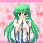 bare_shoulders blush confession covering_mouth detached_sleeves embarrassed frog green_hair hair_ornament kochiya_sanae long_hair looking_at_viewer pov shin_osada snake solo tears touhou yellow_eyes 