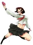  bob_cut brown_eyes brown_hair foreshortening heart jumping kneehighs midriff navel open_mouth original school_uniform serafuku short_hair skirt socks solo touyama_maki valentine wind 