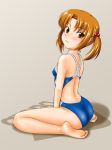  barefoot brown_eyes brown_hair competition_swimsuit feet kneeling looking_back one-piece_swimsuit original short_hair solo swimsuit tk4 twintails 
