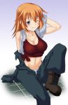  blush bodysuit boots breasts charlotte_e_yeager cleavage crop_top grin kuronyan large_breasts leg_up midriff off_shoulder open_clothes orange_hair panties sitting smile solo strike_witches tank_top taut_shirt tied_shirt towel underwear white_panties wink 