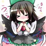  &gt;_&lt; black_wings blush bow brown_hair chibi chocolate flapping gift hair_bow heart holding holding_gift large_bow reiuji_utsuho shichinose touhou unyu valentine wings 