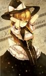  arms_up blonde_hair braid character_name clea dress gloves hat holding holding_hat kirisame_marisa long_hair smile solo touhou witch_hat yellow_eyes 