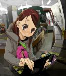  brown_eyes brown_hair face fisheye foreshortening hands hat hoodie long_hair original poster poster_(object) record record_store shop solo 