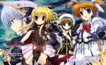  blue_eyes brown_hair einhart_stratos fate_testarossa fujima_takuya heterochromia mahou_shoujo_lyrical_nanoha mahou_shoujo_lyrical_nanoha_a&#039;s mahou_shoujo_lyrical_nanoha_a's mahou_shoujo_lyrical_nanoha_strikers official_art raising_heart red_eyes reinforce scan silver_hair takamachi_nanoha thigh-highs thighhighs translation_request twintails vivio yagami_hayate 