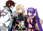  2boys asbel_lhant blonde_hair brown_hair eating food long_hair multiple_boys noodles pinch pinching purple_hair richard_(tales_of_graces) sophie_(tales_of_graces) starshadowmagician tales_of_(series) tales_of_graces twintails white_background 