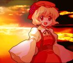  aki_minoriko blonde_hair dithering face food fruit grapes hat highres jpeg_artifacts mono1192000 mono_(moiky) open_mouth red_eyes short_hair sleeves_past_wrists smile solo sunset touhou 