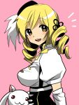  blonde_hair breasts brown_eyes drill_hair hat kyubey looking_at_viewer magical_girl mahou_shoujo_madoka_magica open_mouth simple_background soraruru tomoe_mami twin_drills twintails yui_tooru 