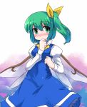  blush daiyousei green_eyes green_hair hair_ribbon hand_to_mouth kt2 ribbon side_ponytail solo touhou wings 